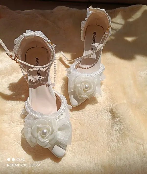 Flower Detail Pointed-Toe Bridal Heels - Luzilly Bridal & Apparel