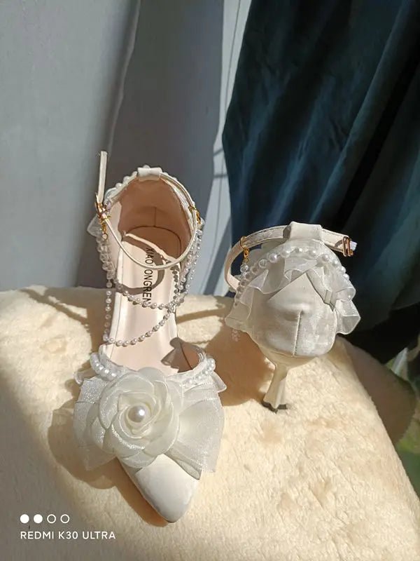 Flower Detail Pointed-Toe Bridal Heels - Luzilly Bridal & Apparel