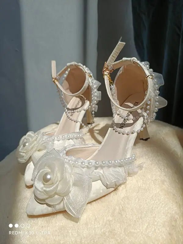 Flower Detail Pointed-Toe Bridal Heels - Luzilly Bridal & Apparel
