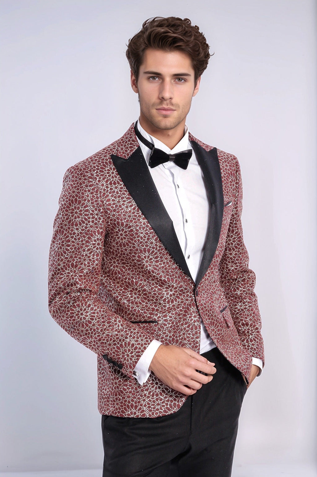 Flower Embroidered Pattern Burgundy Men Tuxedo Blazer - Wessi - Luzilly Bridal & Apparel