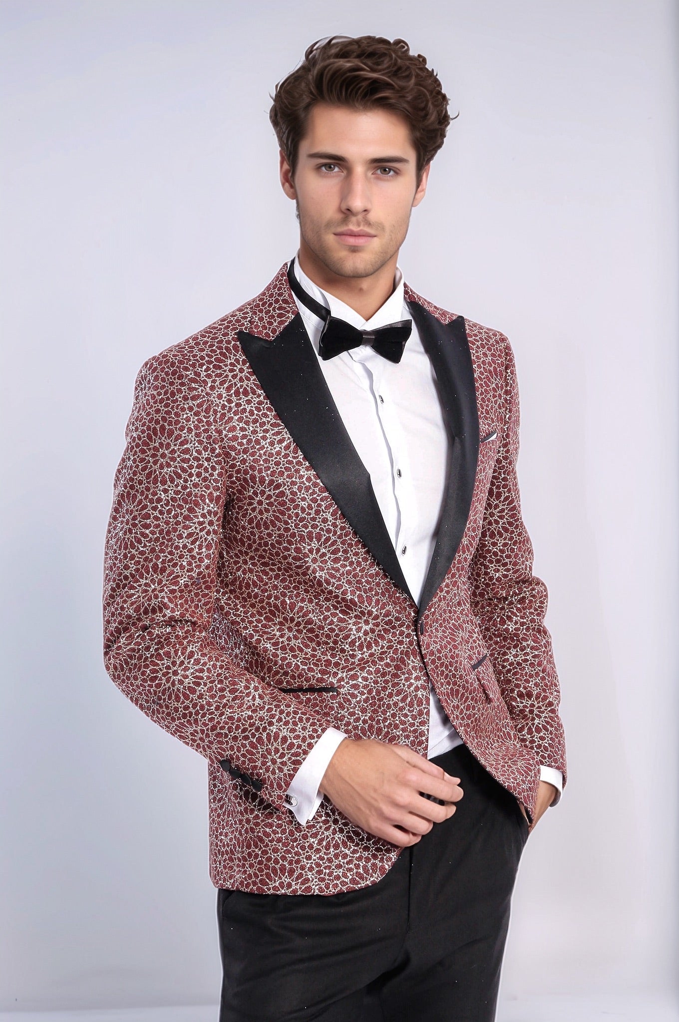 Flower Embroidered Pattern Burgundy Men Tuxedo Blazer - Wessi - Luzilly Bridal & Apparel