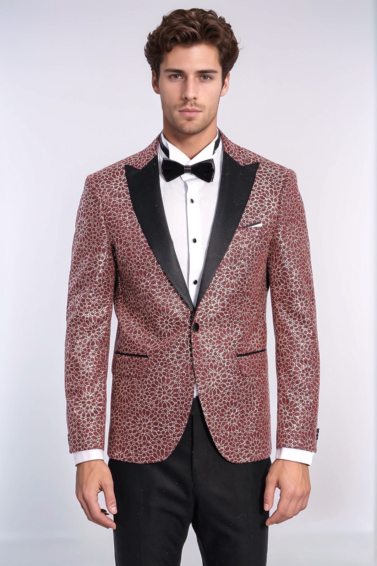 Flower Embroidered Pattern Burgundy Men Tuxedo Blazer - Wessi - Luzilly Bridal & Apparel