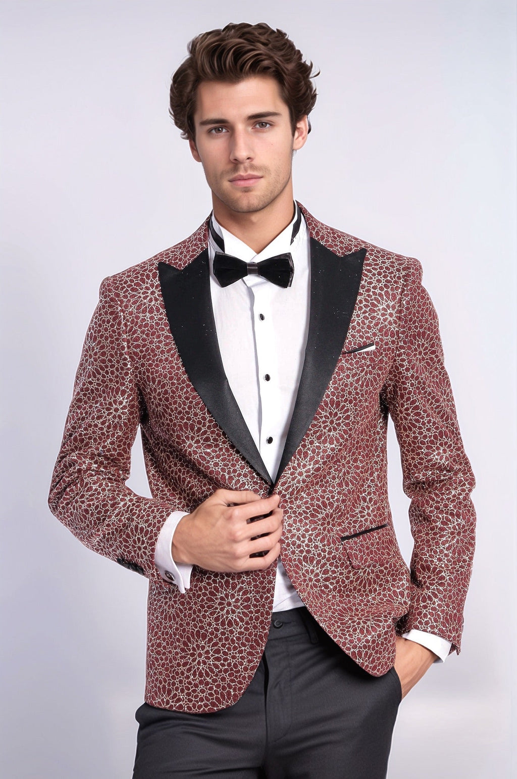 Flower Embroidered Pattern Burgundy Men Tuxedo Blazer - Wessi - Luzilly Bridal & Apparel