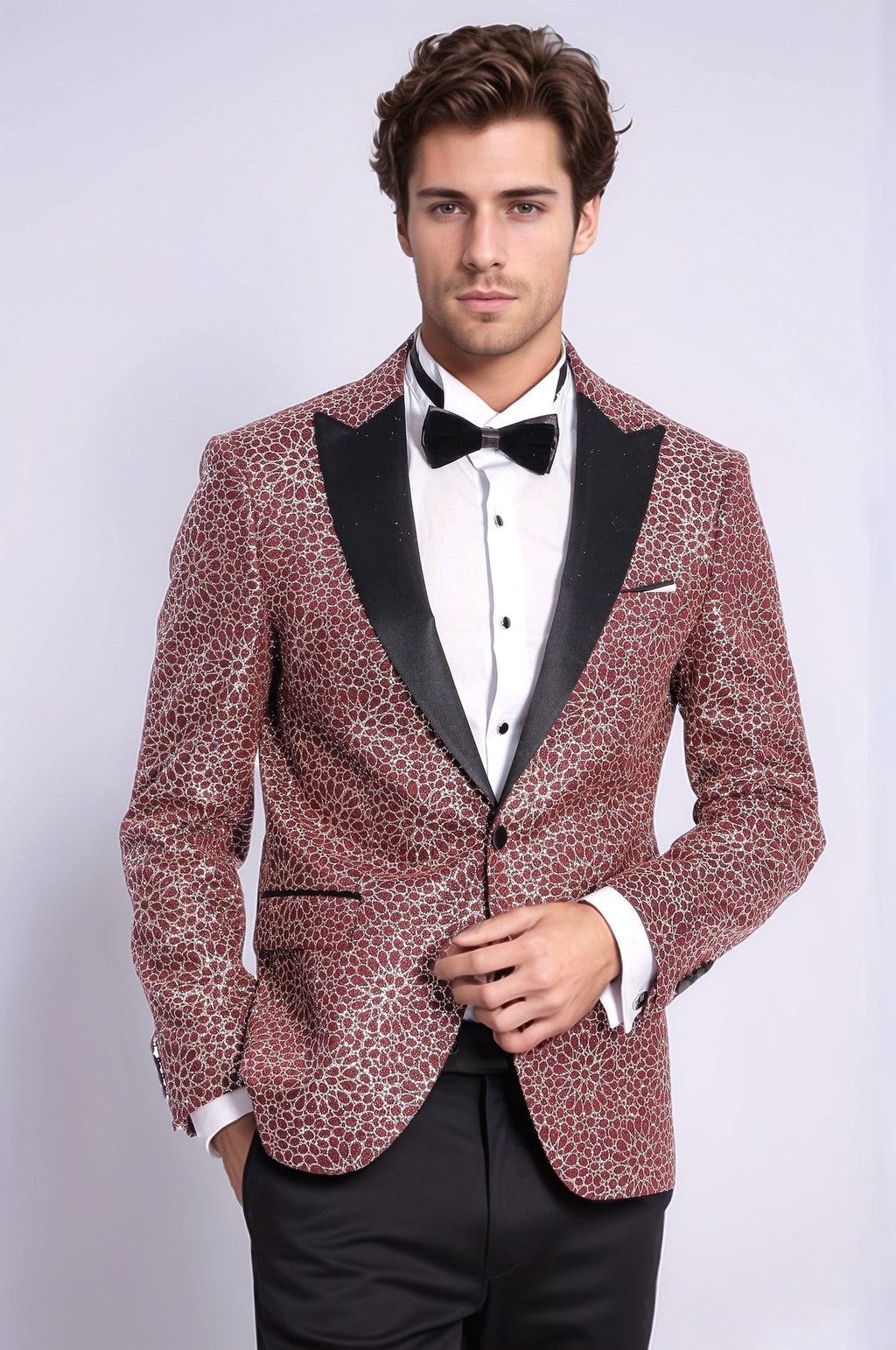 Flower Embroidered Pattern Burgundy Men Tuxedo Blazer - Wessi - Luzilly Bridal & Apparel