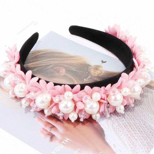 Flower Pearl Headbands Crystal Beads Embellishment Wide Hairbands Women Wedding Party Crown Tiara Gorgeous Hair Accessories For Women - Luzilly Bridal & Apparel