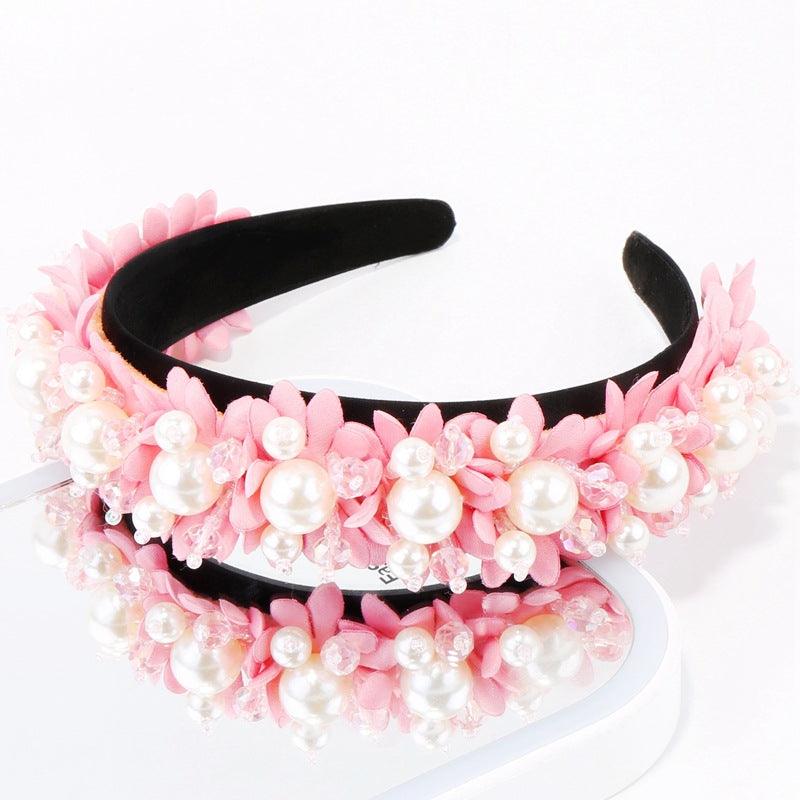 Flower Pearl Headbands Crystal Beads Embellishment Wide Hairbands Women Wedding Party Crown Tiara Gorgeous Hair Accessories For Women - Luzilly Bridal & Apparel