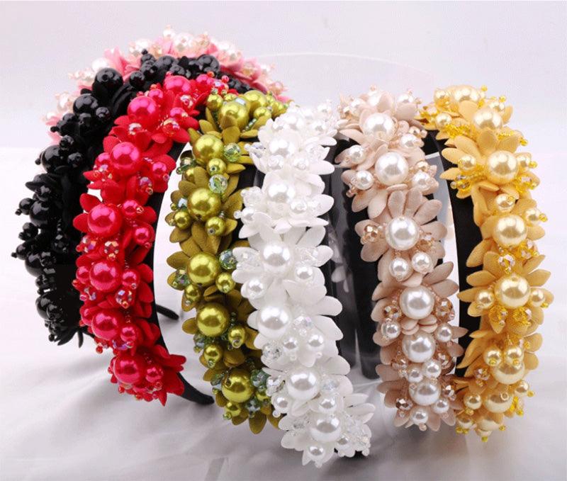 Flower Pearl Headbands Crystal Beads Embellishment Wide Hairbands Women Wedding Party Crown Tiara Gorgeous Hair Accessories For Women - Luzilly Bridal & Apparel