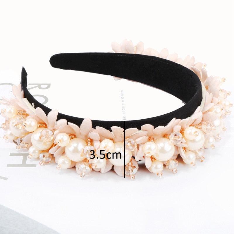 Flower Pearl Headbands Crystal Beads Embellishment Wide Hairbands Women Wedding Party Crown Tiara Gorgeous Hair Accessories For Women - Luzilly Bridal & Apparel