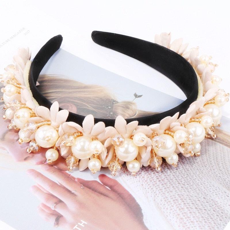 Flower Pearl Headbands Crystal Beads Embellishment Wide Hairbands Women Wedding Party Crown Tiara Gorgeous Hair Accessories For Women - Luzilly Bridal & Apparel