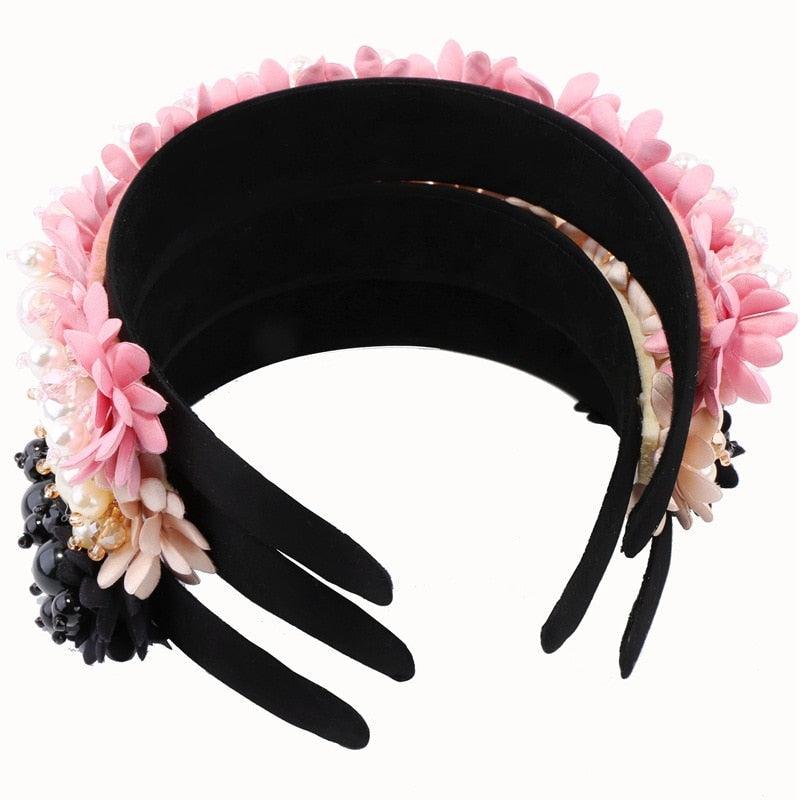 Flower Pearl Headbands Crystal Beads Embellishment Wide Hairbands Women Wedding Party Crown Tiara Gorgeous Hair Accessories For Women - Luzilly Bridal & Apparel