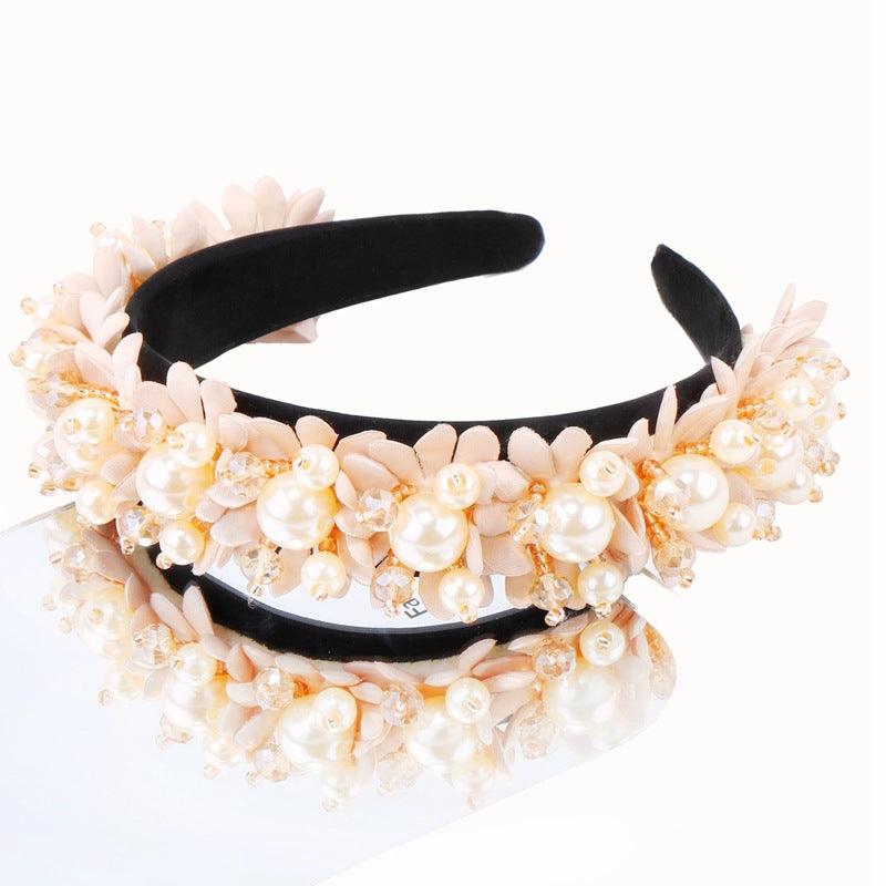 Flower Pearl Headbands Crystal Beads Embellishment Wide Hairbands Women Wedding Party Crown Tiara Gorgeous Hair Accessories For Women - Luzilly Bridal & Apparel