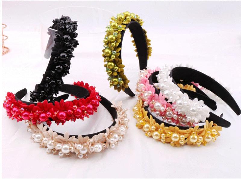 Flower Pearl Headbands Crystal Beads Embellishment Wide Hairbands Women Wedding Party Crown Tiara Gorgeous Hair Accessories For Women - Luzilly Bridal & Apparel