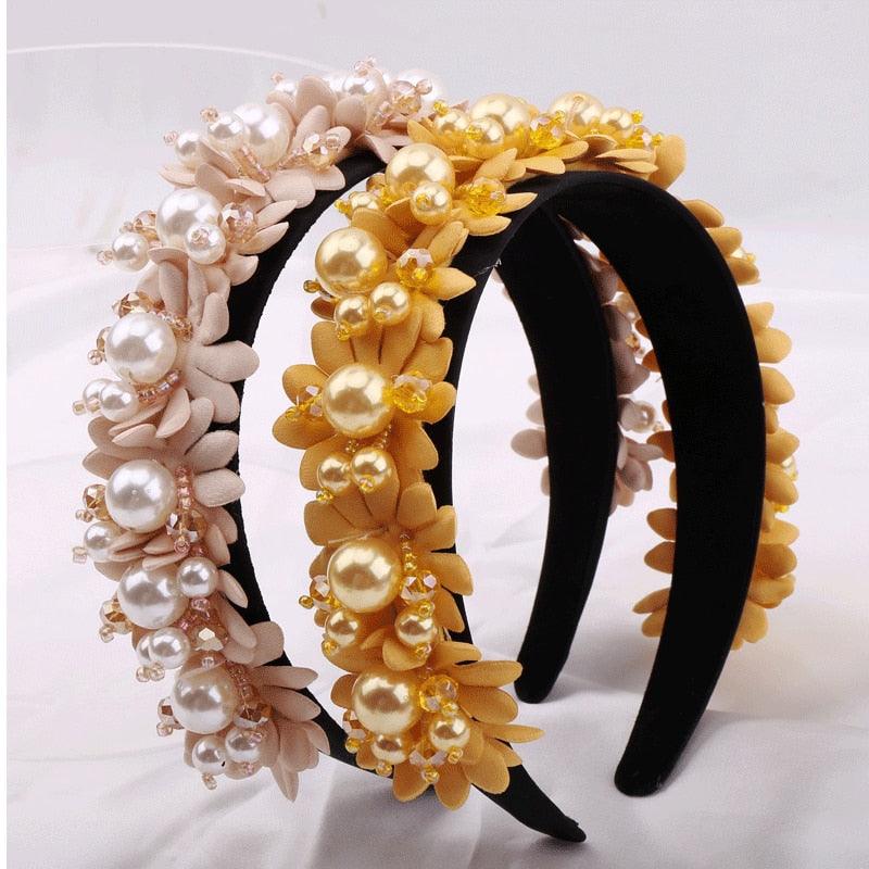 Flower Pearl Headbands Crystal Beads Embellishment Wide Hairbands Women Wedding Party Crown Tiara Gorgeous Hair Accessories For Women - Luzilly Bridal & Apparel