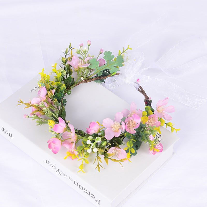 Flower Wreath Simulation Flower Leaves Hair Strap Photography Retro Hanfu Bridal Girl Flower Wreath Headwear - Luzilly Bridal & Apparel