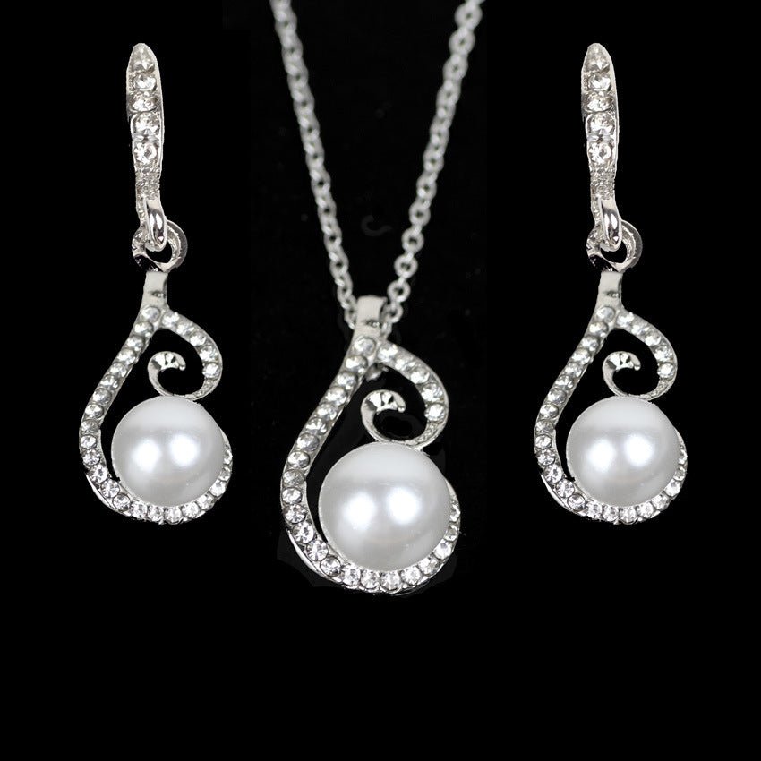 Foreign Bride Rhinestone Diamond Pearl Drop Two Necklace Jewelry Set Europe Party Dress Earrings Jewelry - Luzilly Bridal & Apparel