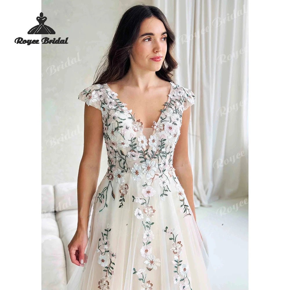 Forest Floral Chiffon A Line Wedding Dresses 2026 Off Shoulder Embroidered Beach Bridal Gown Customized vestido de novia - Luzilly Bridal & Apparel