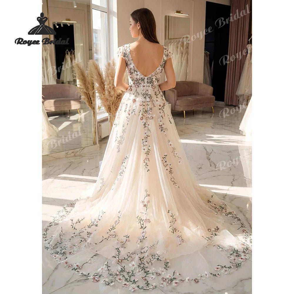 Forest Floral Chiffon A Line Wedding Dresses 2026 Off Shoulder Embroidered Beach Bridal Gown Customized vestido de novia - Luzilly Bridal & Apparel