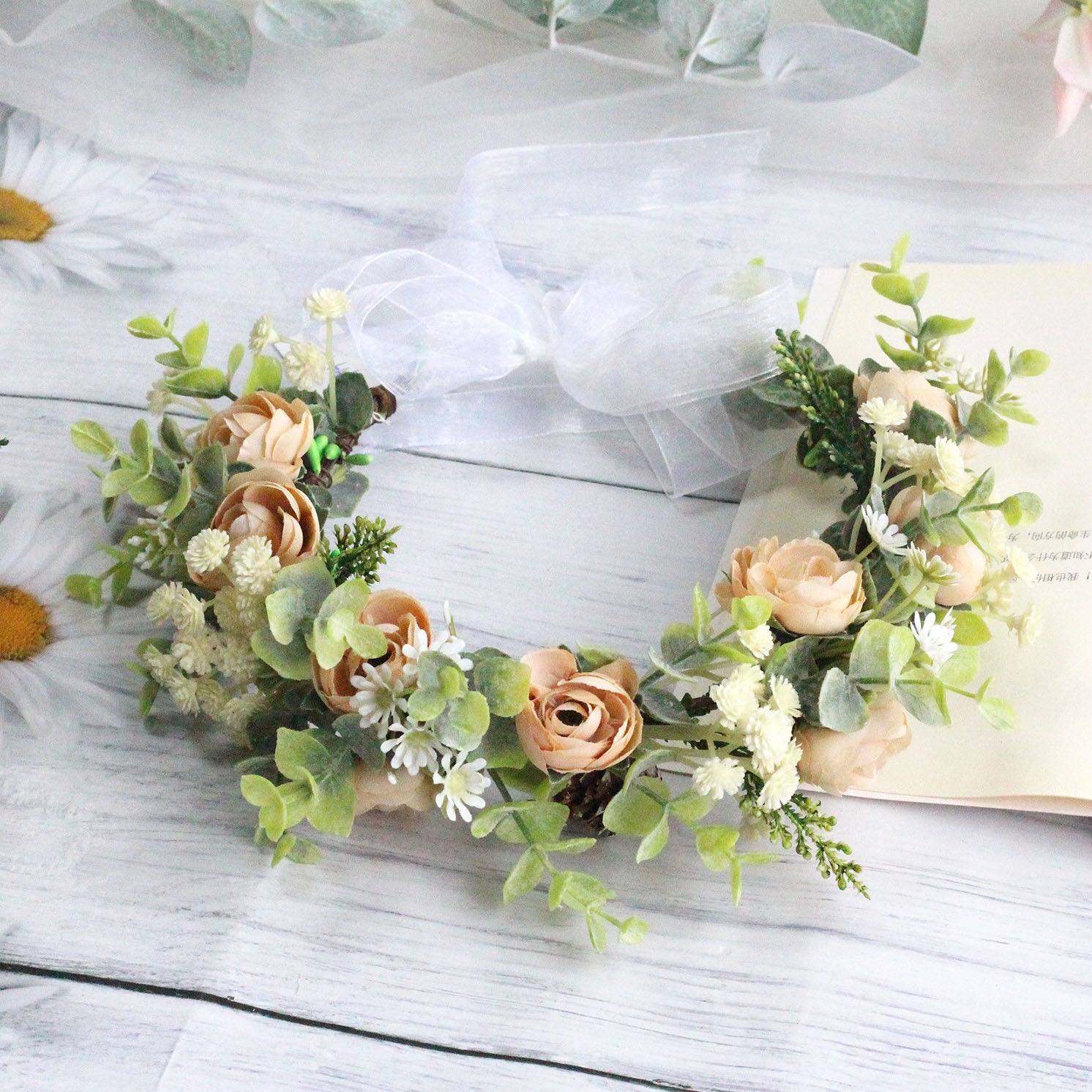 Forest style curled edge rose headband, simulated starry sky, eucalyptus wreath, bride's wedding dress, photography, headwear - Luzilly Bridal & Apparel