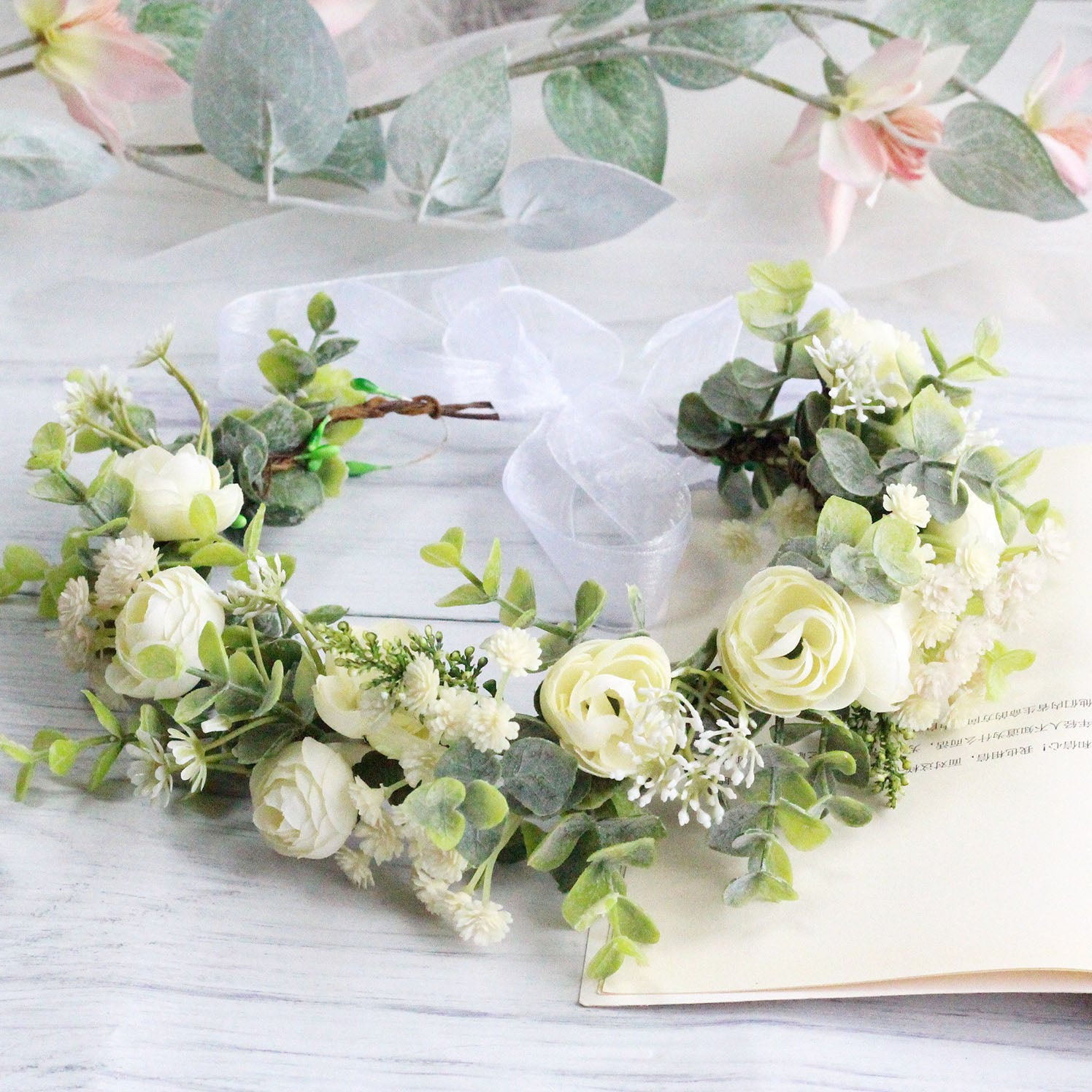 Forest style curled edge rose headband, simulated starry sky, eucalyptus wreath, bride's wedding dress, photography, headwear - Luzilly Bridal & Apparel