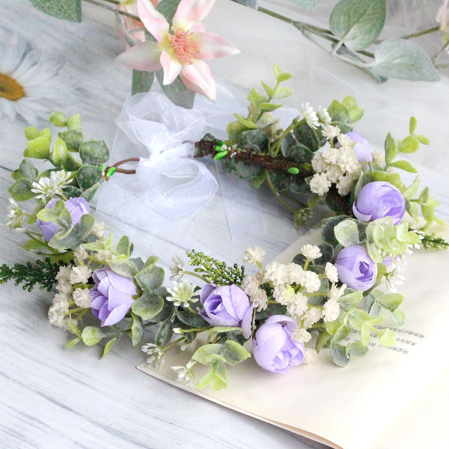 Forest style curled edge rose headband, simulated starry sky, eucalyptus wreath, bride's wedding dress, photography, headwear - Luzilly Bridal & Apparel