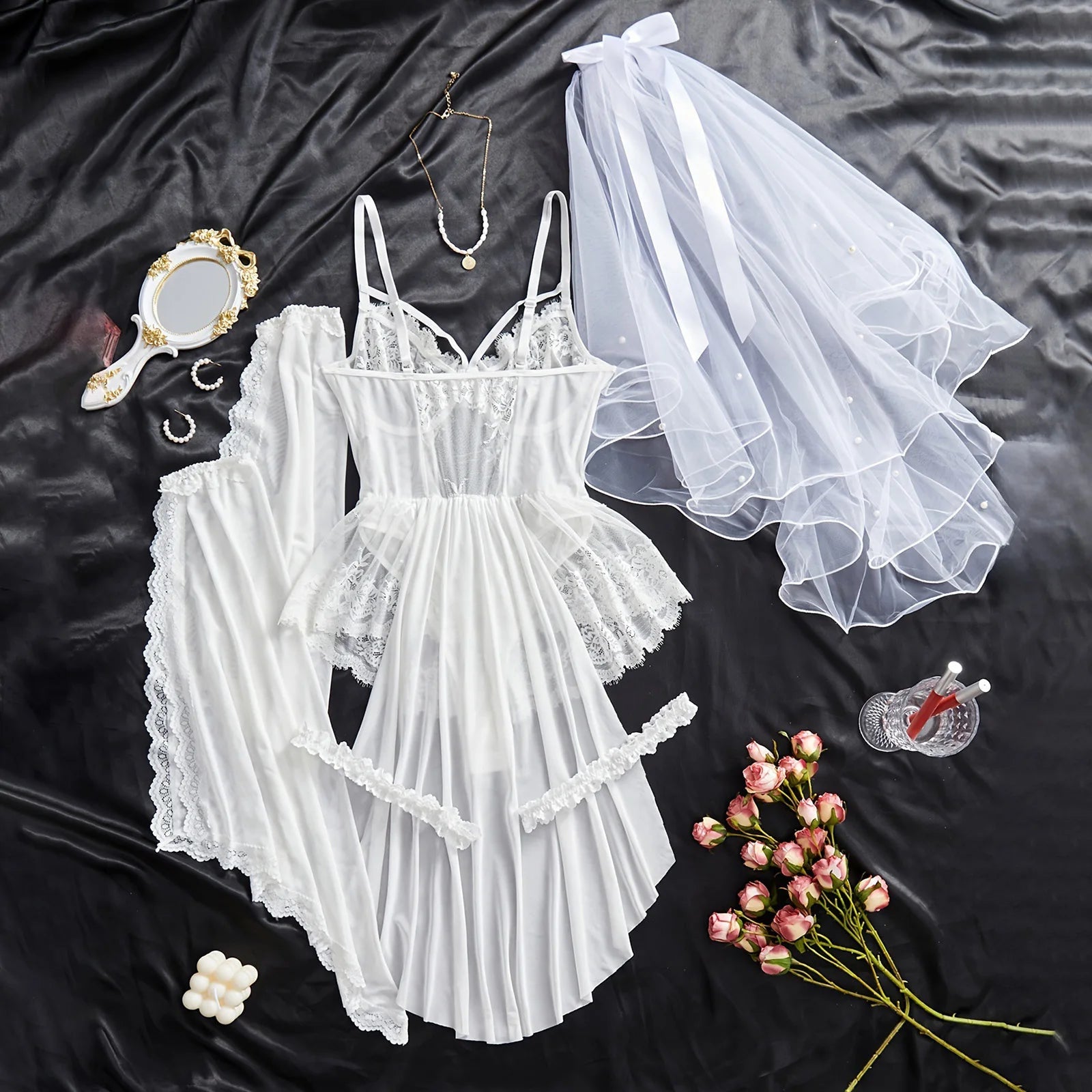Four-Piece Bridal Babydoll Set with Veil - Luzilly Bridal & Apparel