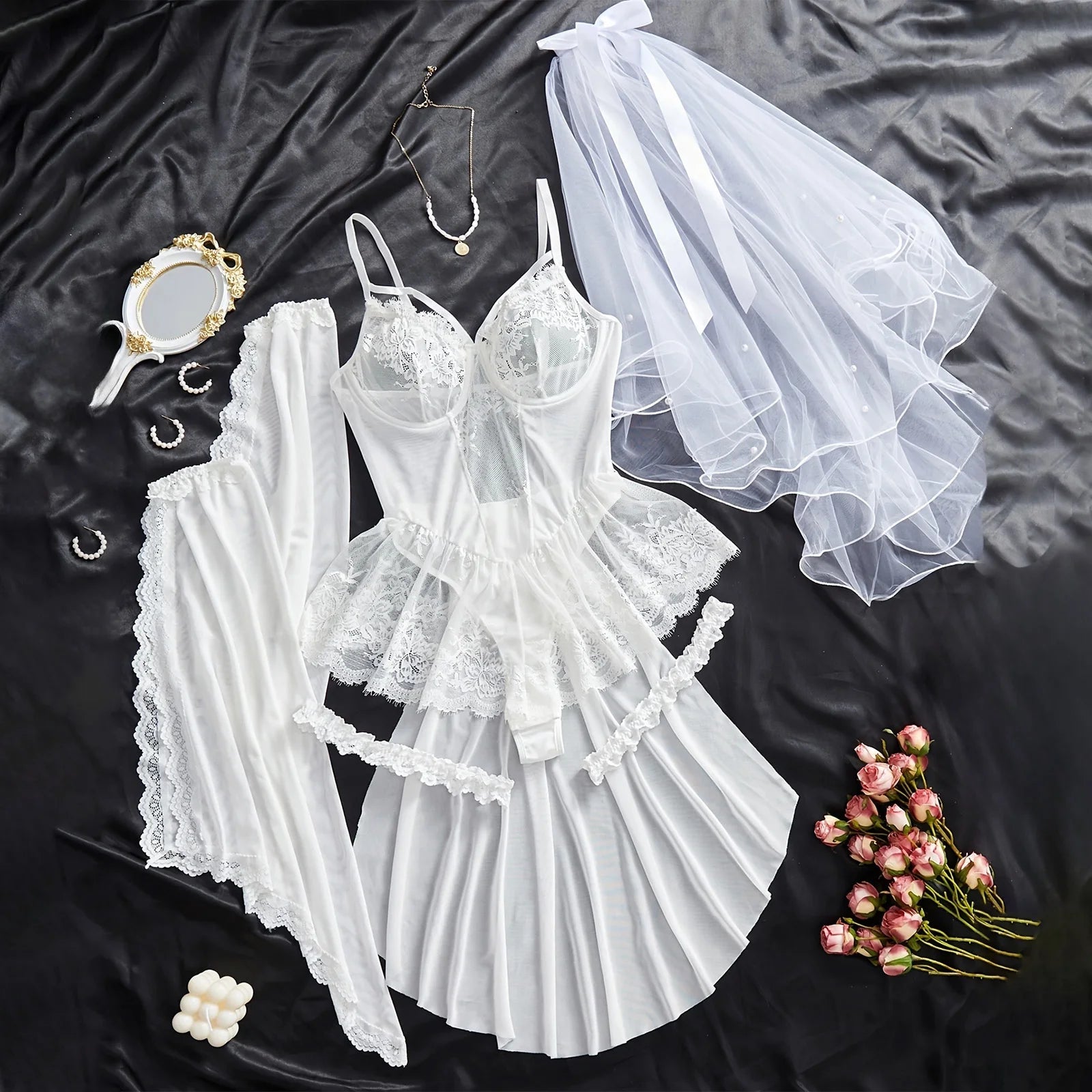 Four-Piece Bridal Babydoll Set with Veil - Luzilly Bridal & Apparel