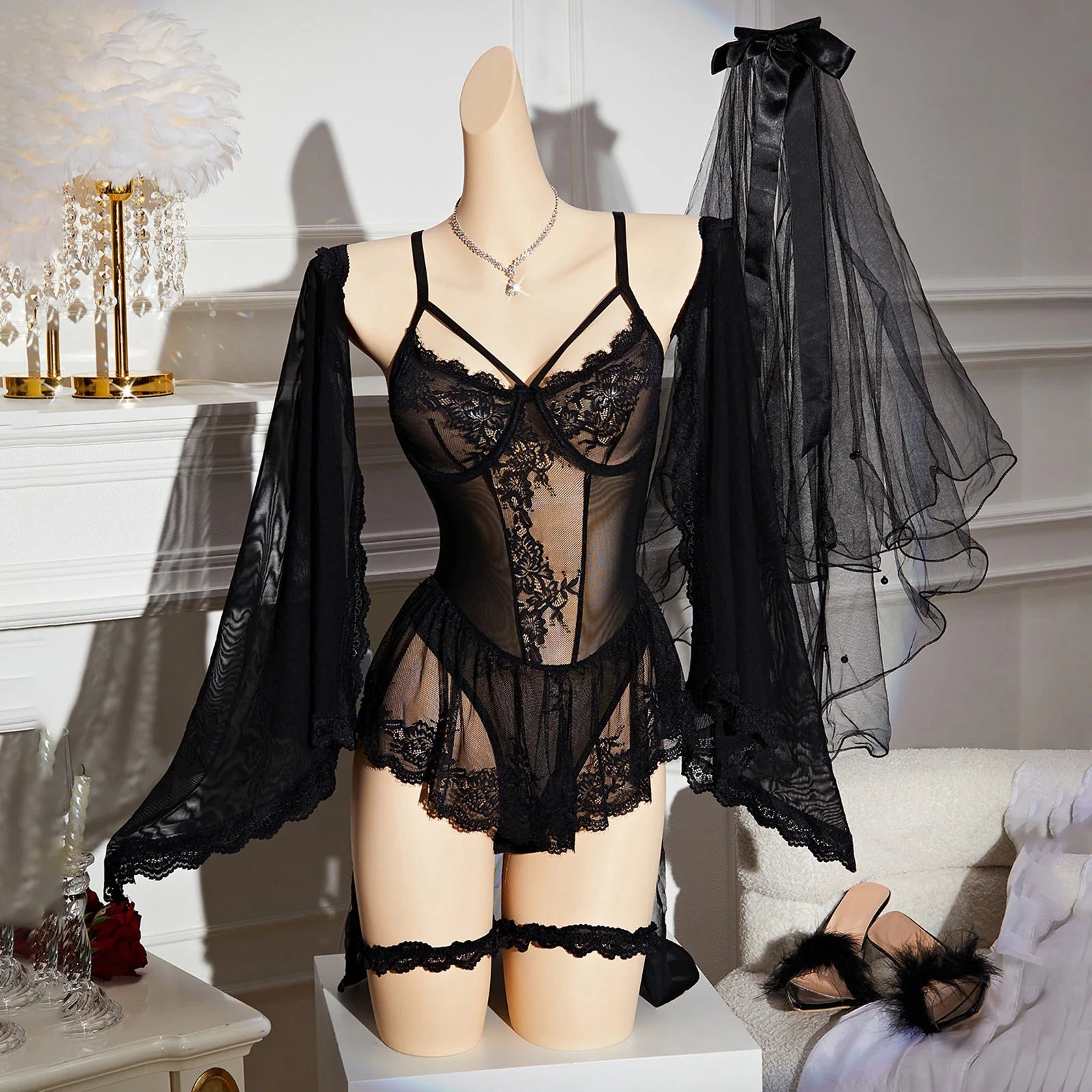 Four-Piece Bridal Babydoll Set with Veil - Luzilly Bridal & Apparel