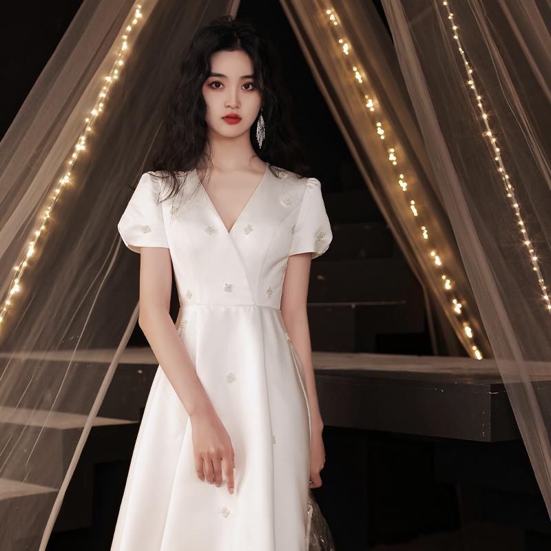 French Bridesmaid Cheongsam Satin Light Wedding Small Evening Dress Women - Luzilly Bridal & Apparel