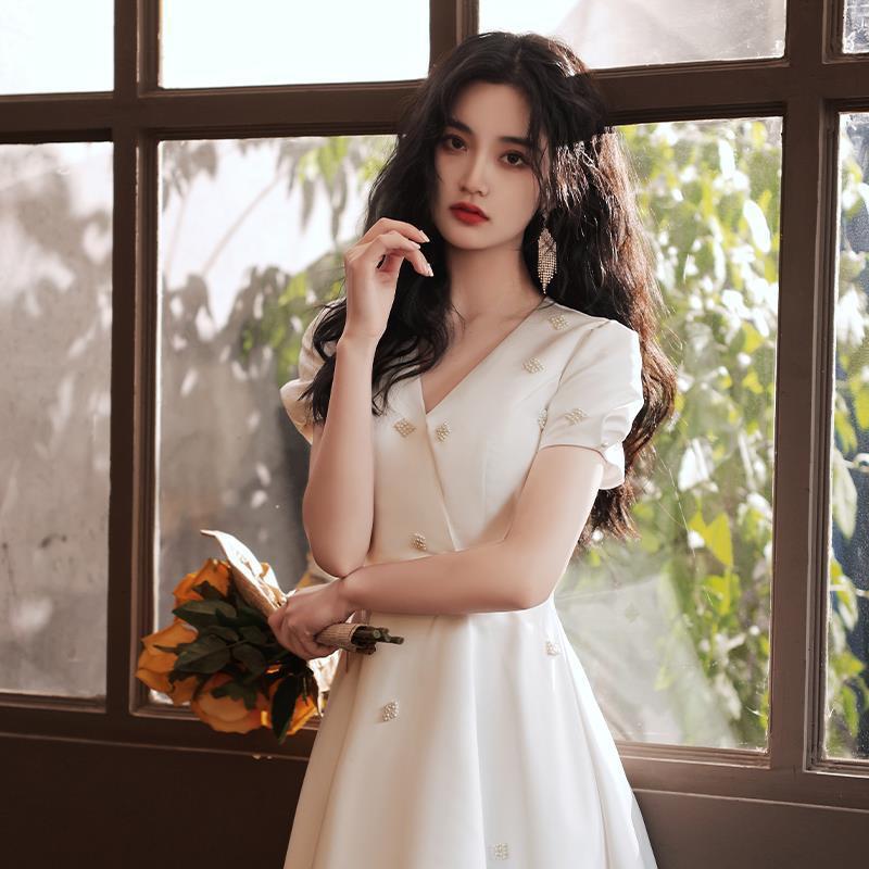 French Bridesmaid Cheongsam Satin Light Wedding Small Evening Dress Women - Luzilly Bridal & Apparel