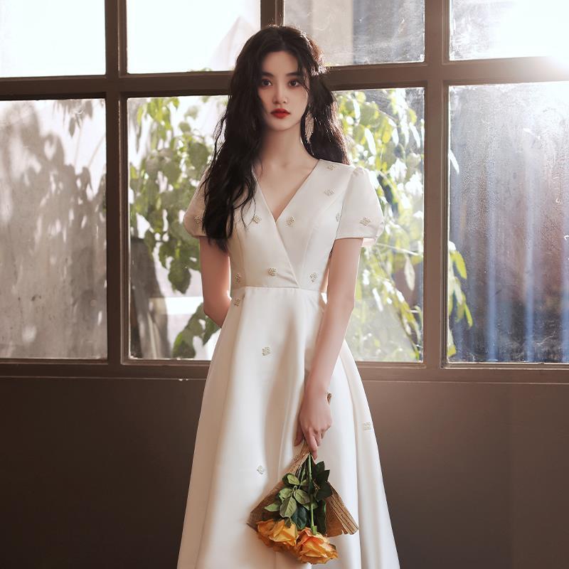 French Bridesmaid Cheongsam Satin Light Wedding Small Evening Dress Women - Luzilly Bridal & Apparel