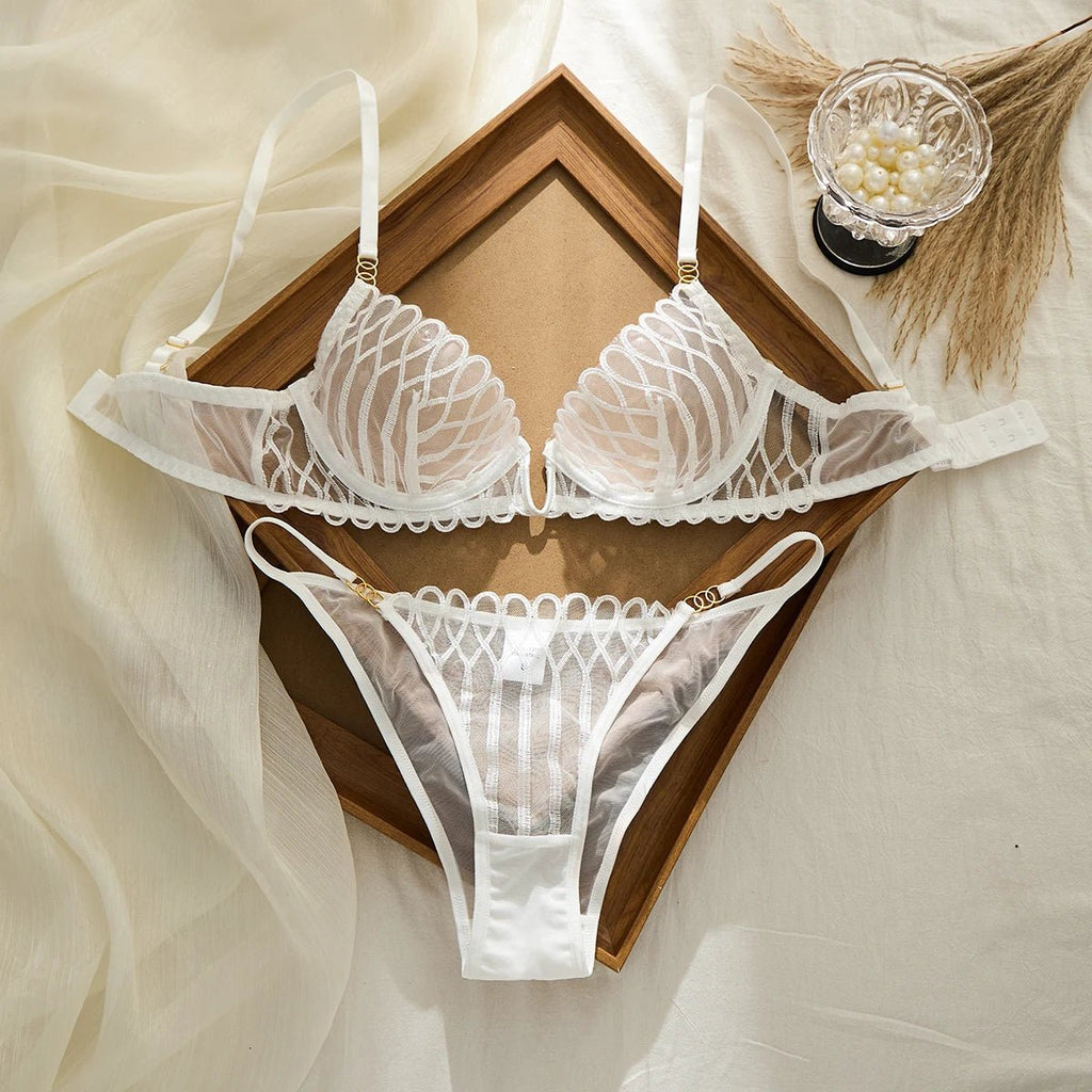 French Embroidered V-Neck Bra & Panty Set - Luzilly Bridal & Apparel