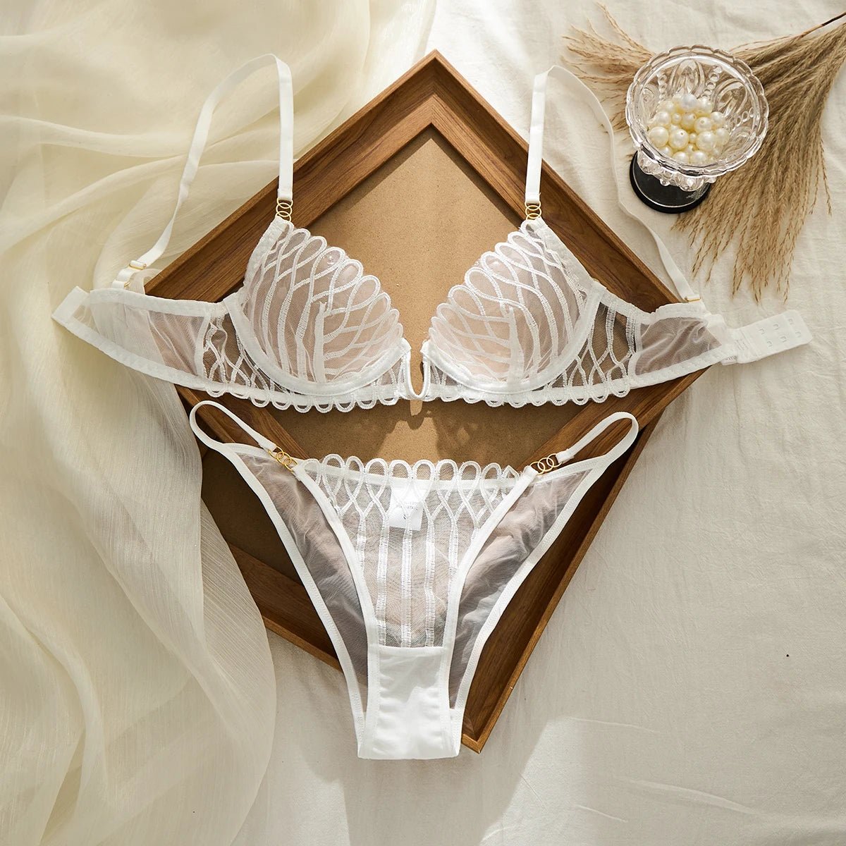 French Embroidered V-Neck Bra & Panty Set - Luzilly Bridal & Apparel