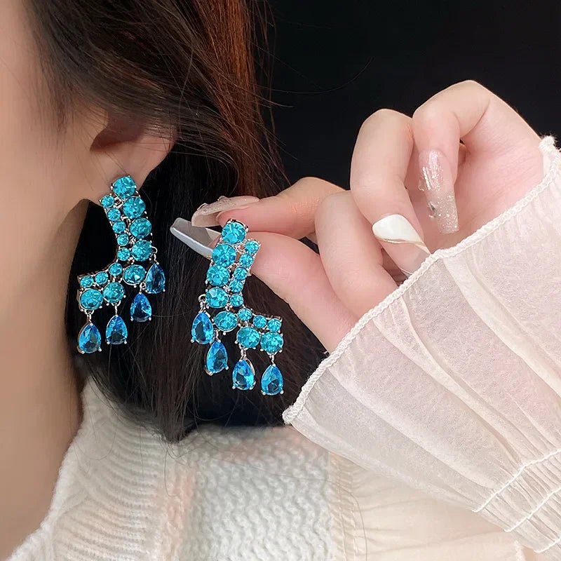 French Exquisite Bling Sea Blue Zircon Earrings Luxury Silver Color Shiny Crystal Trendy Jewelry for Women Gift INS - Luzilly Bridal & Apparel