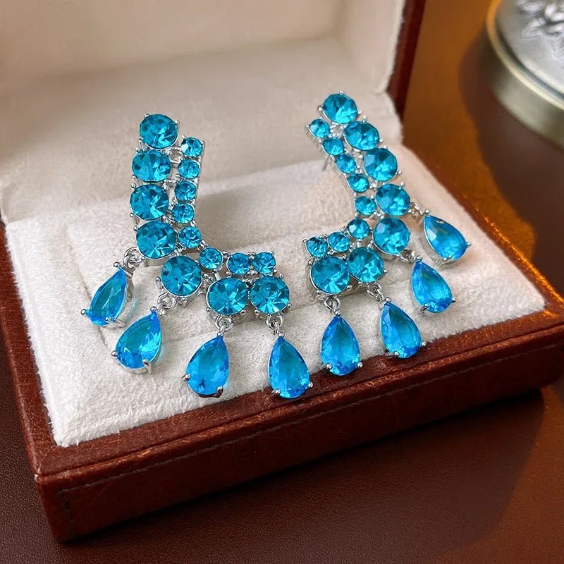 French Exquisite Bling Sea Blue Zircon Earrings Luxury Silver Color Shiny Crystal Trendy Jewelry for Women Gift INS - Luzilly Bridal & Apparel