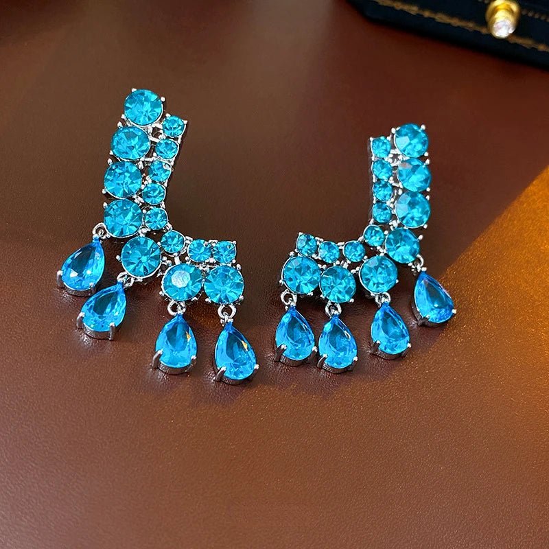 French Exquisite Bling Sea Blue Zircon Earrings Luxury Silver Color Shiny Crystal Trendy Jewelry for Women Gift INS - Luzilly Bridal & Apparel