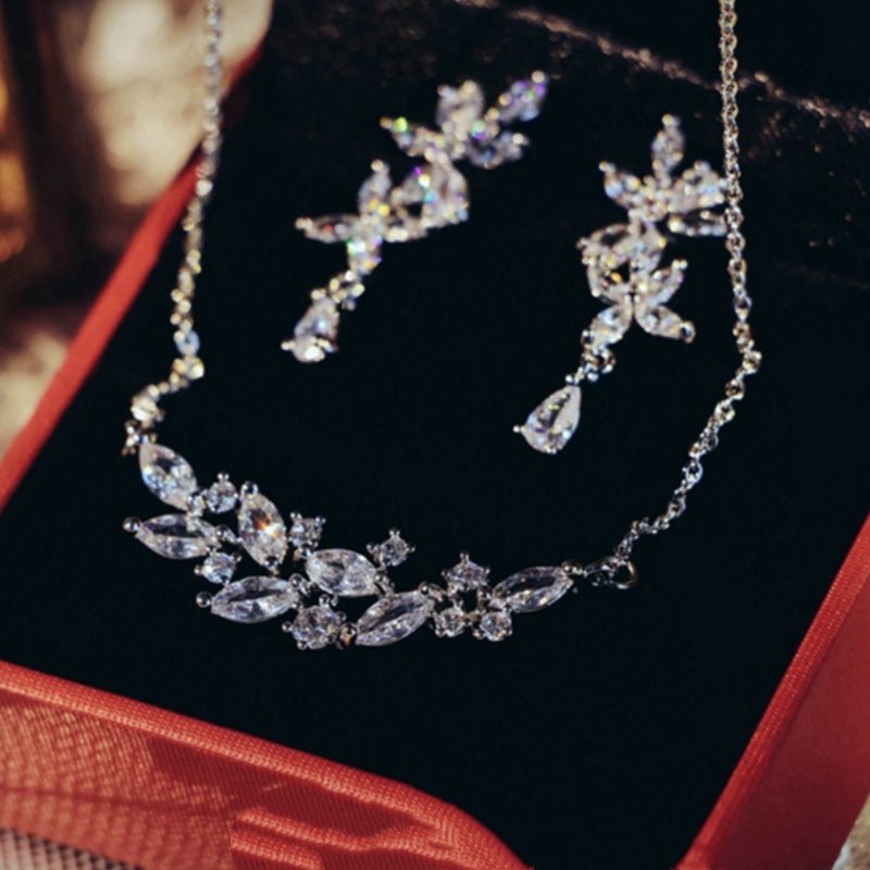 French Exquisite Zircon Leaves Super Fairy Bridal Wedding Necklace Earrings - Luzilly Bridal & Apparel