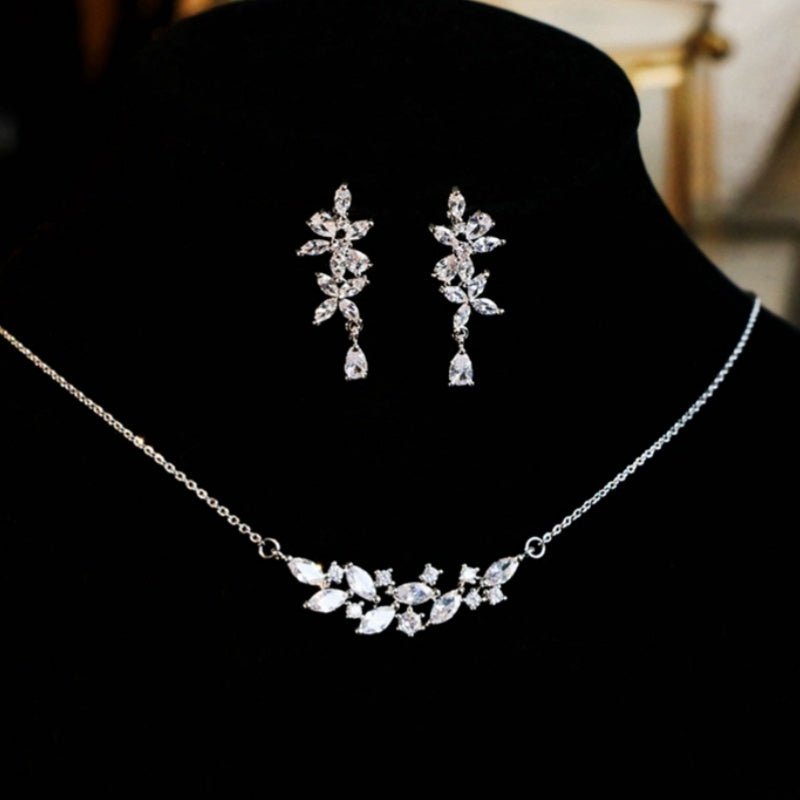 French Exquisite Zircon Leaves Super Fairy Bridal Wedding Necklace Earrings - Luzilly Bridal & Apparel