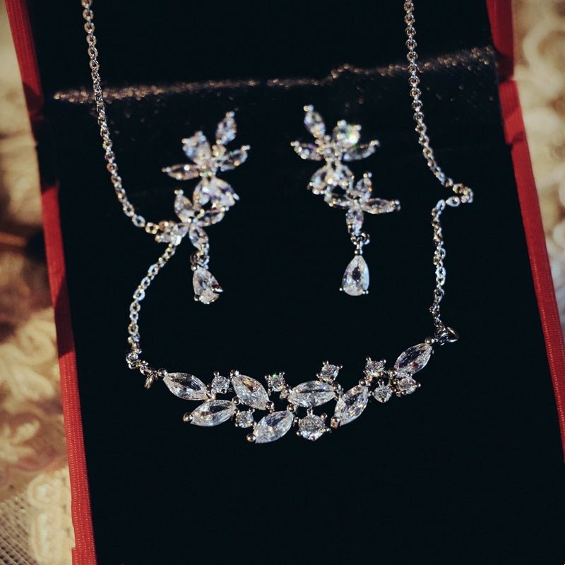 French Exquisite Zircon Leaves Super Fairy Bridal Wedding Necklace Earrings - Luzilly Bridal & Apparel