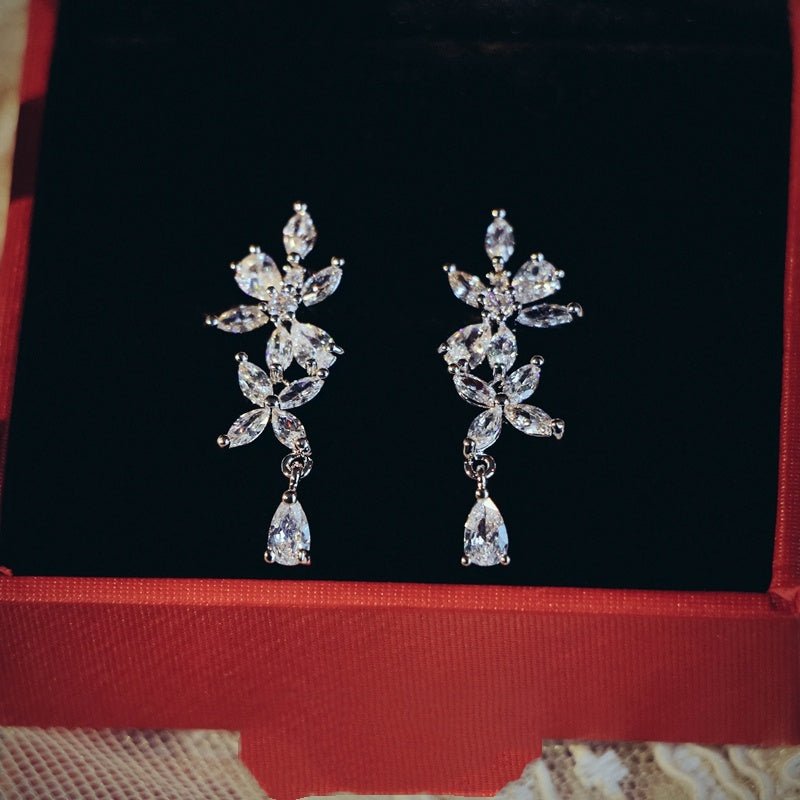 French Exquisite Zircon Leaves Super Fairy Bridal Wedding Necklace Earrings - Luzilly Bridal & Apparel