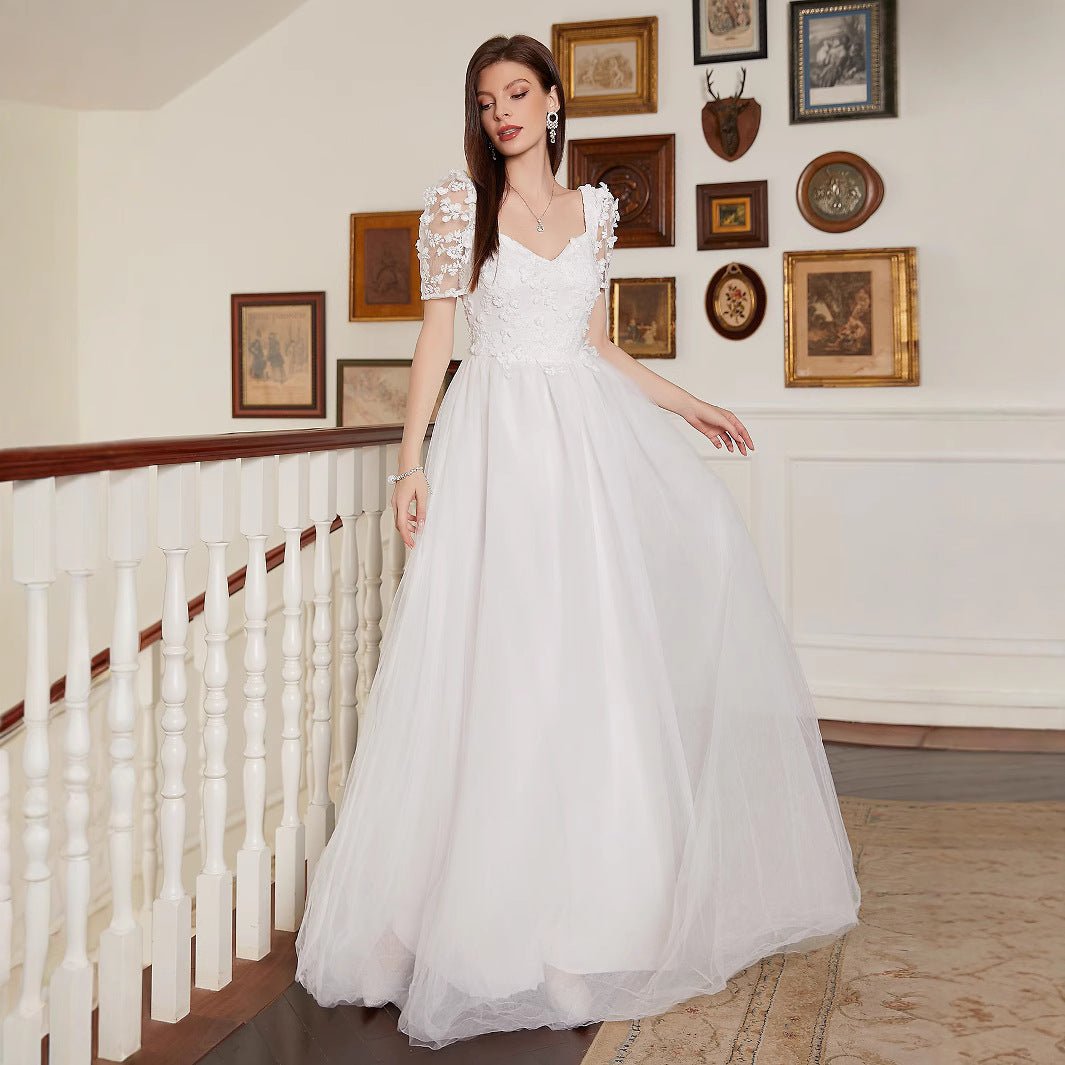 French Pastoral White Large Swing V neck Short Sleeve Elegant Backless Cocktail Wedding Dress - Luzilly Bridal & Apparel