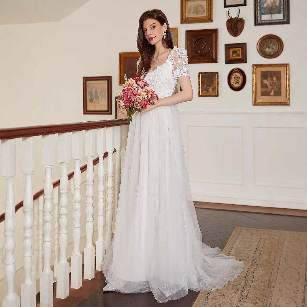French Pastoral White Large Swing V neck Short Sleeve Elegant Backless Cocktail Wedding Dress - Luzilly Bridal & Apparel