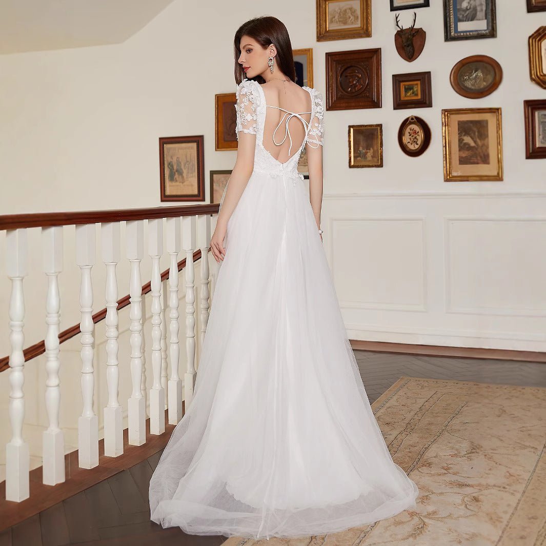 French Pastoral White Large Swing V neck Short Sleeve Elegant Backless Cocktail Wedding Dress - Luzilly Bridal & Apparel