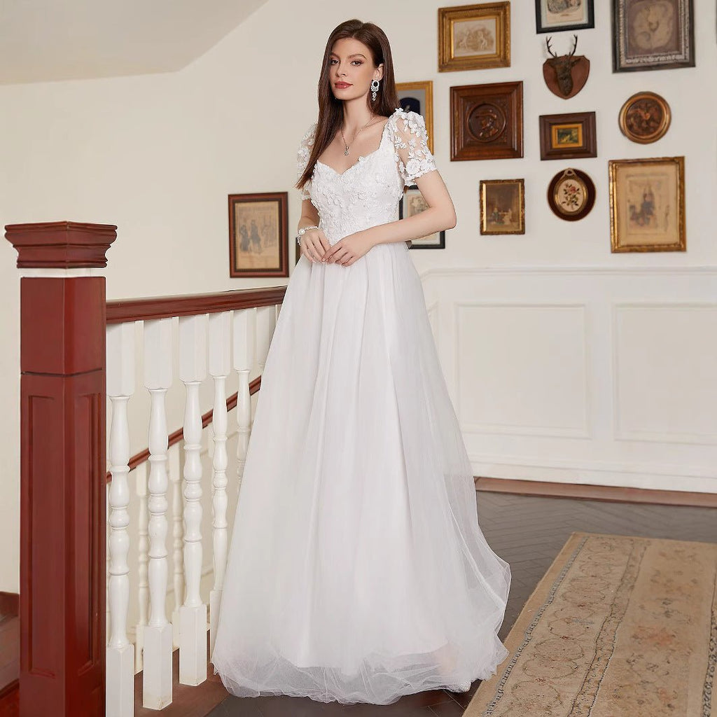 French Pastoral White Large Swing V neck Short Sleeve Elegant Backless Cocktail Wedding Dress - Luzilly Bridal & Apparel