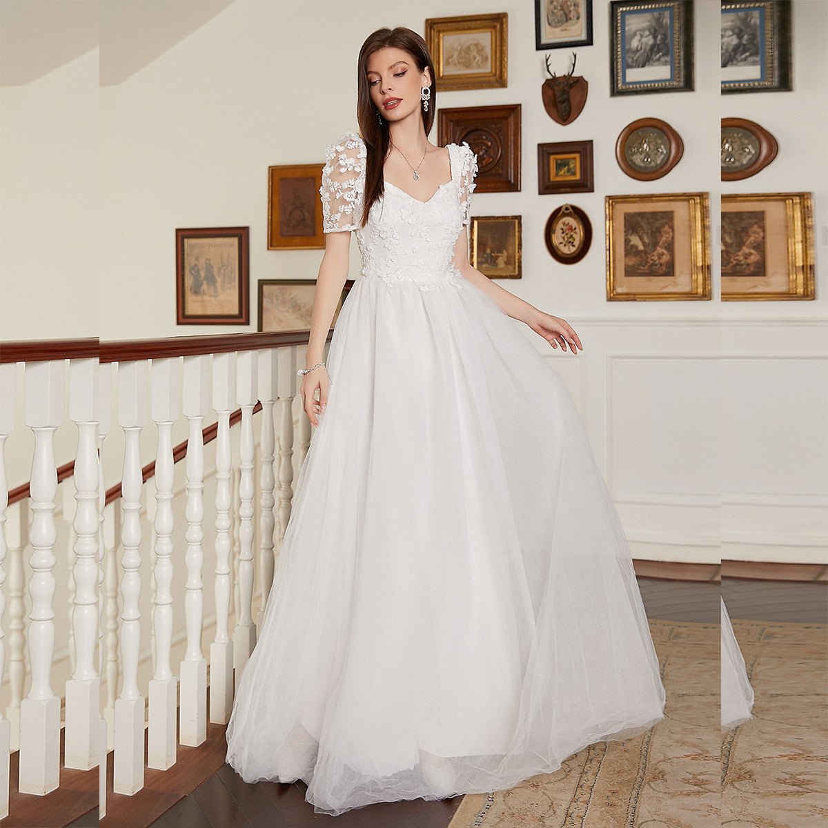 French Pastoral White Large Swing V neck Short Sleeve Elegant Backless Cocktail Wedding Dress - Luzilly Bridal & Apparel