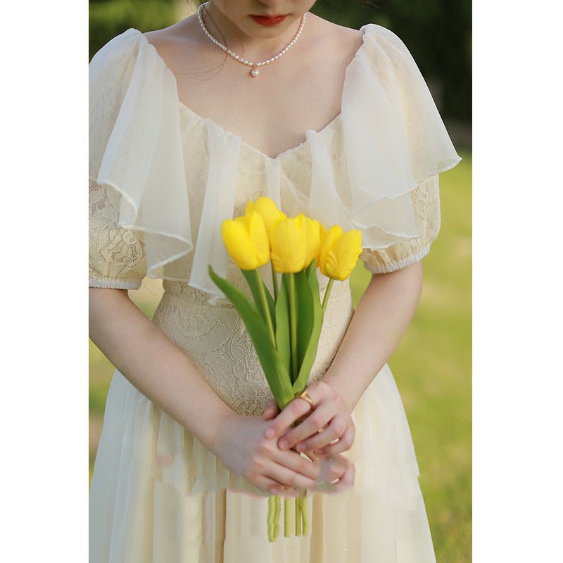 French Retro Light Wedding Puff Sleeve Lace Dress - Luzilly Bridal & Apparel