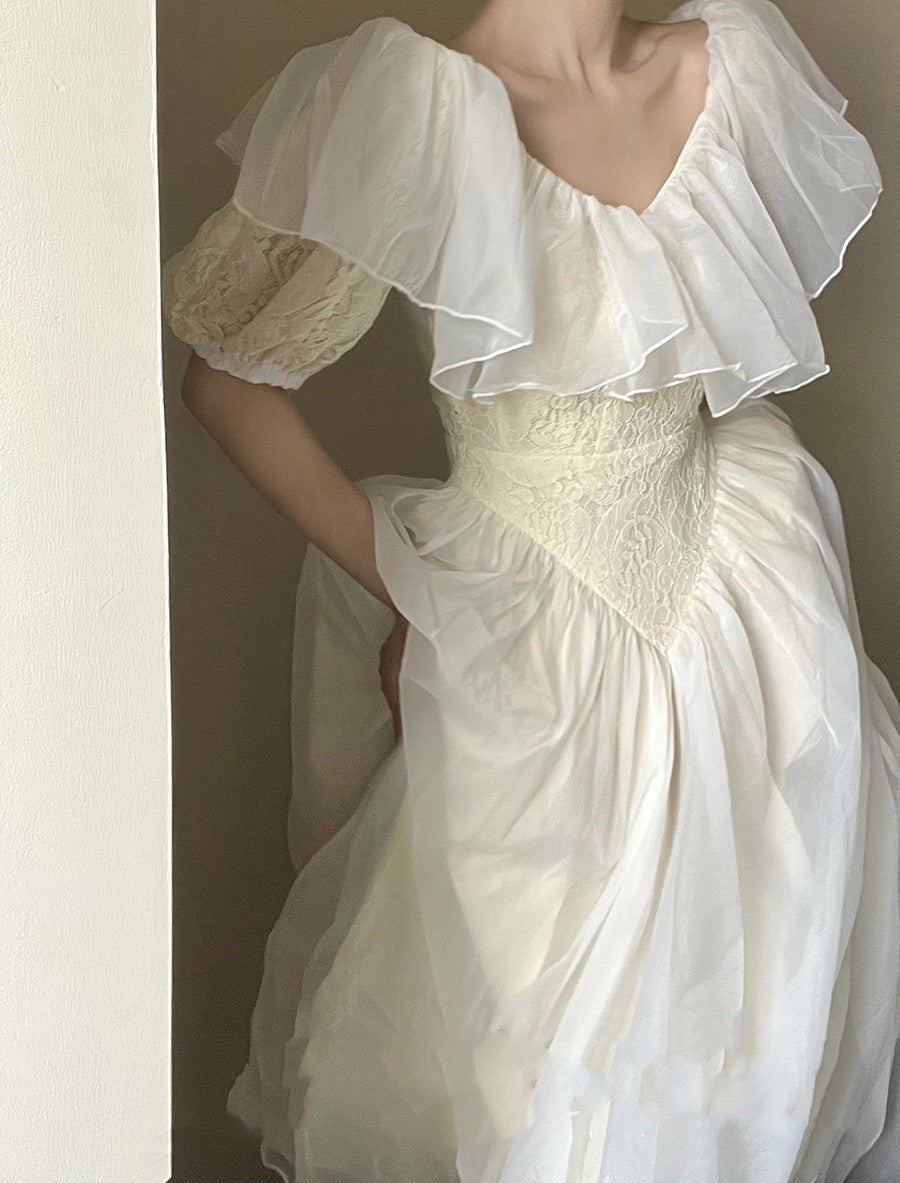 French Retro Light Wedding Puff Sleeve Lace Dress - Luzilly Bridal & Apparel