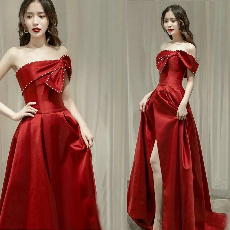 French Satin Ladies Banquet Temperament Wedding Evening Dress - Luzilly Bridal & Apparel