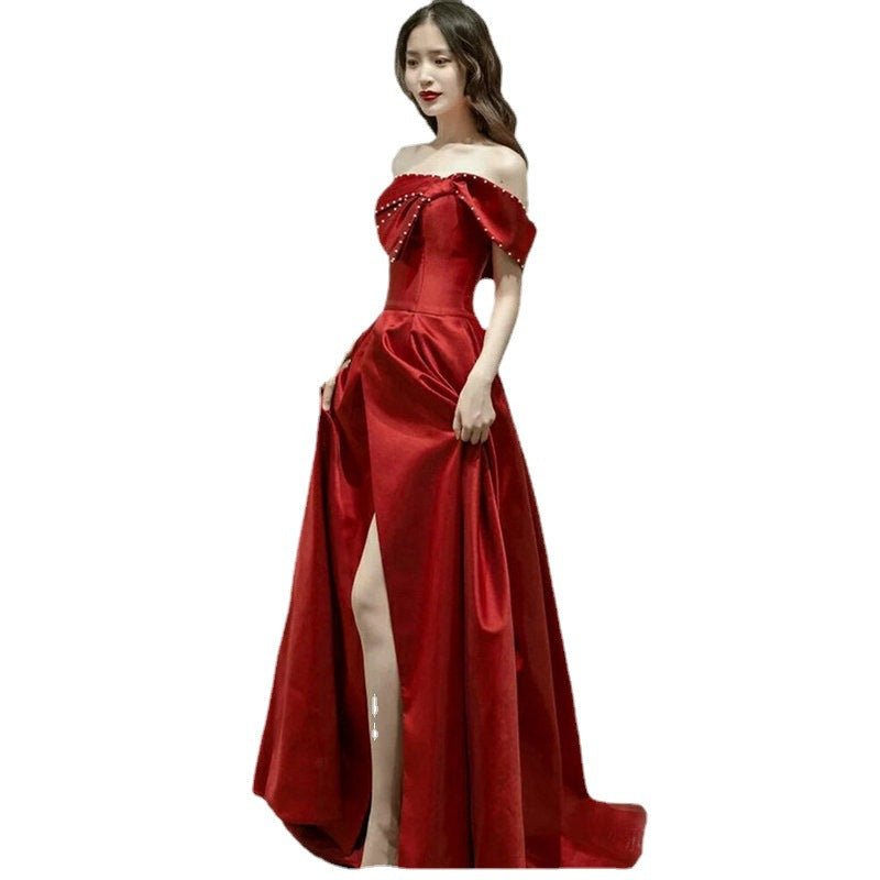 French Satin Ladies Banquet Temperament Wedding Evening Dress - Luzilly Bridal & Apparel