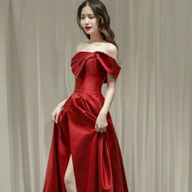 French Satin Ladies Banquet Temperament Wedding Evening Dress - Luzilly Bridal & Apparel