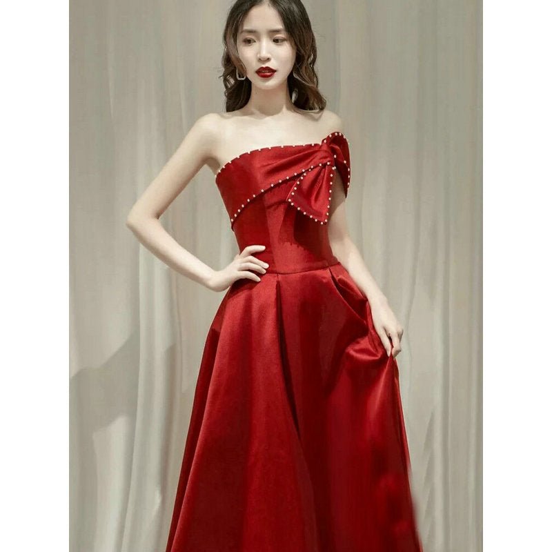 French Satin Ladies Banquet Temperament Wedding Evening Dress - Luzilly Bridal & Apparel